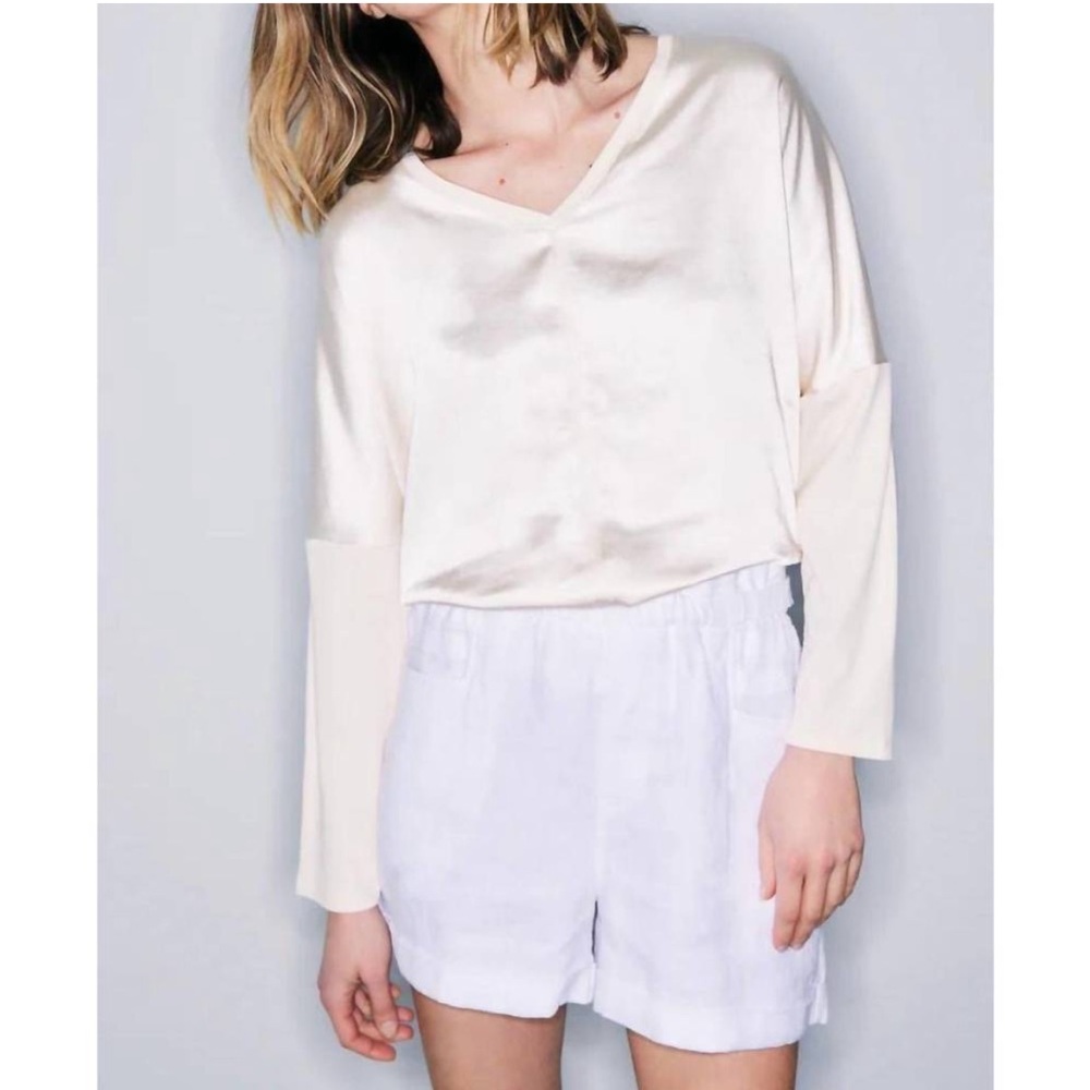 Melissa Nepton Ivory Pink Cindy Satin V-Neck Top Women's M